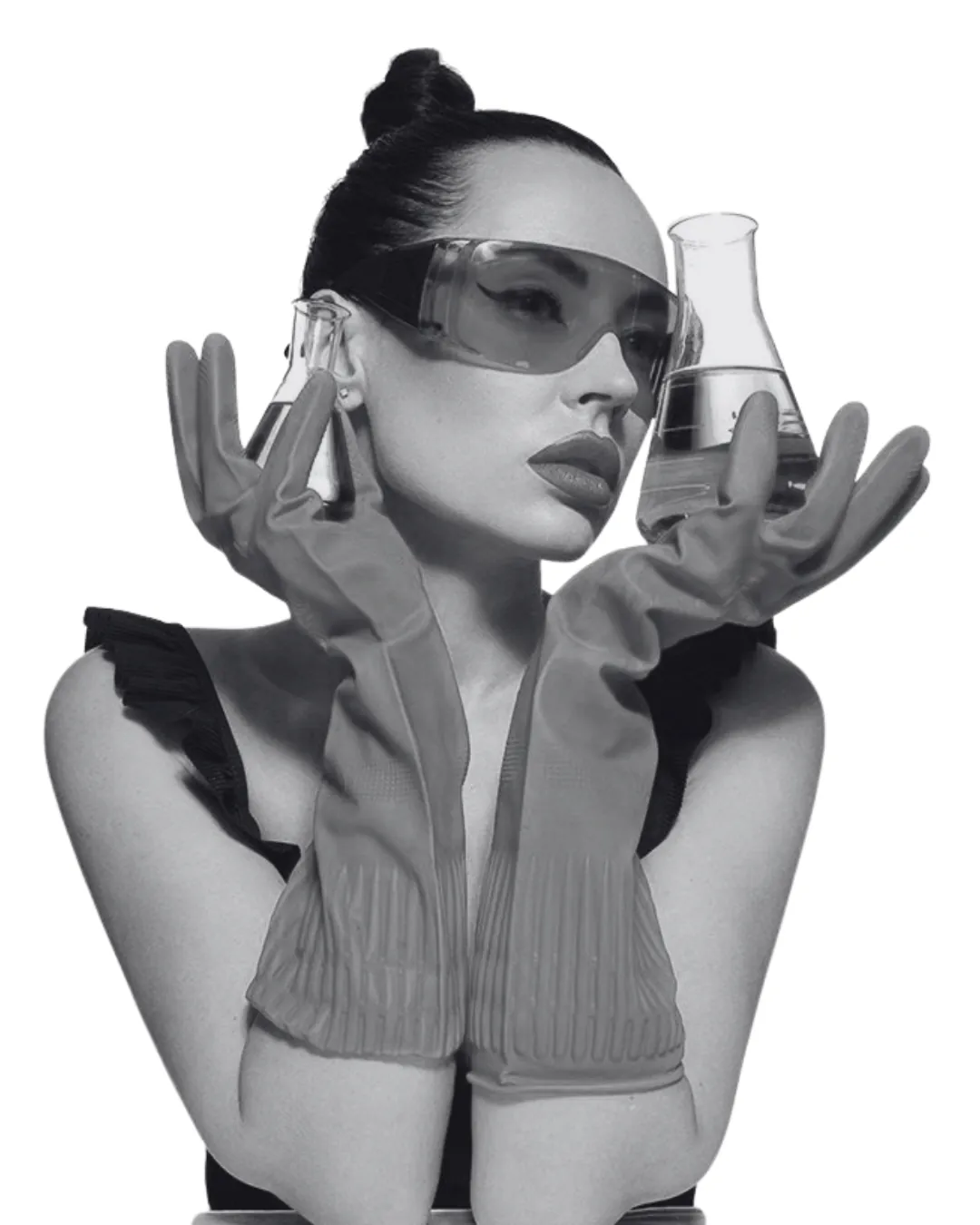 A model holding laboratory glassware, beauty product formulation